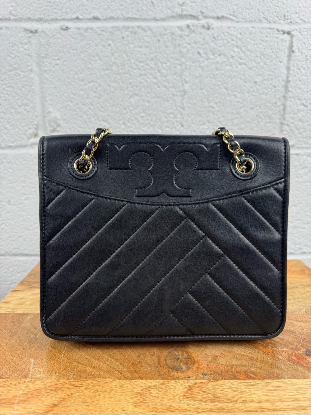 Tory Burch Fleming Small Convertible Shoulder Bag –Black Chevron Quilted Leather